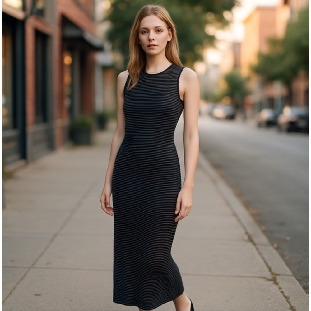 Theory Koldeen O Noble Wool Midi Dress Striped Size L Blue Black Luxury Career